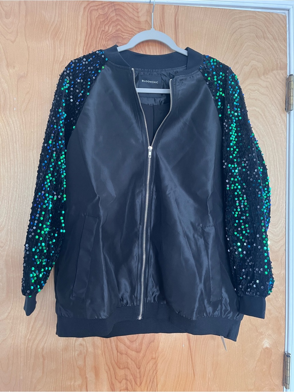 BloomChic Black Bomber Jacket with Green and Blue Sequin Sleeves